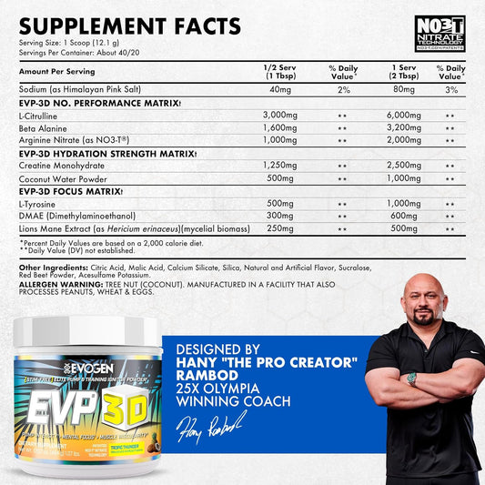 Evogen Evp 3D - Stim Free Pre Workout Powder For Men & Women | Sugar Free Non Stim Preworkout With Beta Alanine And Creatine For Energy & Pump | Tropic Thunder | 40 Servings