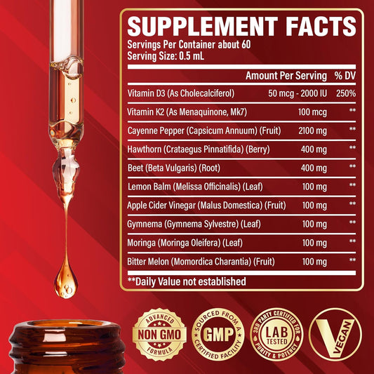 10In1 Cayenne Pepper Liquid Drops With Vitamin D3, Vitamin K2, Hawthorn Berry, Beet Root, Lemon, Apple Cider Vinegar, Gymnema, Moringa, Bitter Melon - Digestion Support - 30Ml - 60 Day Supply