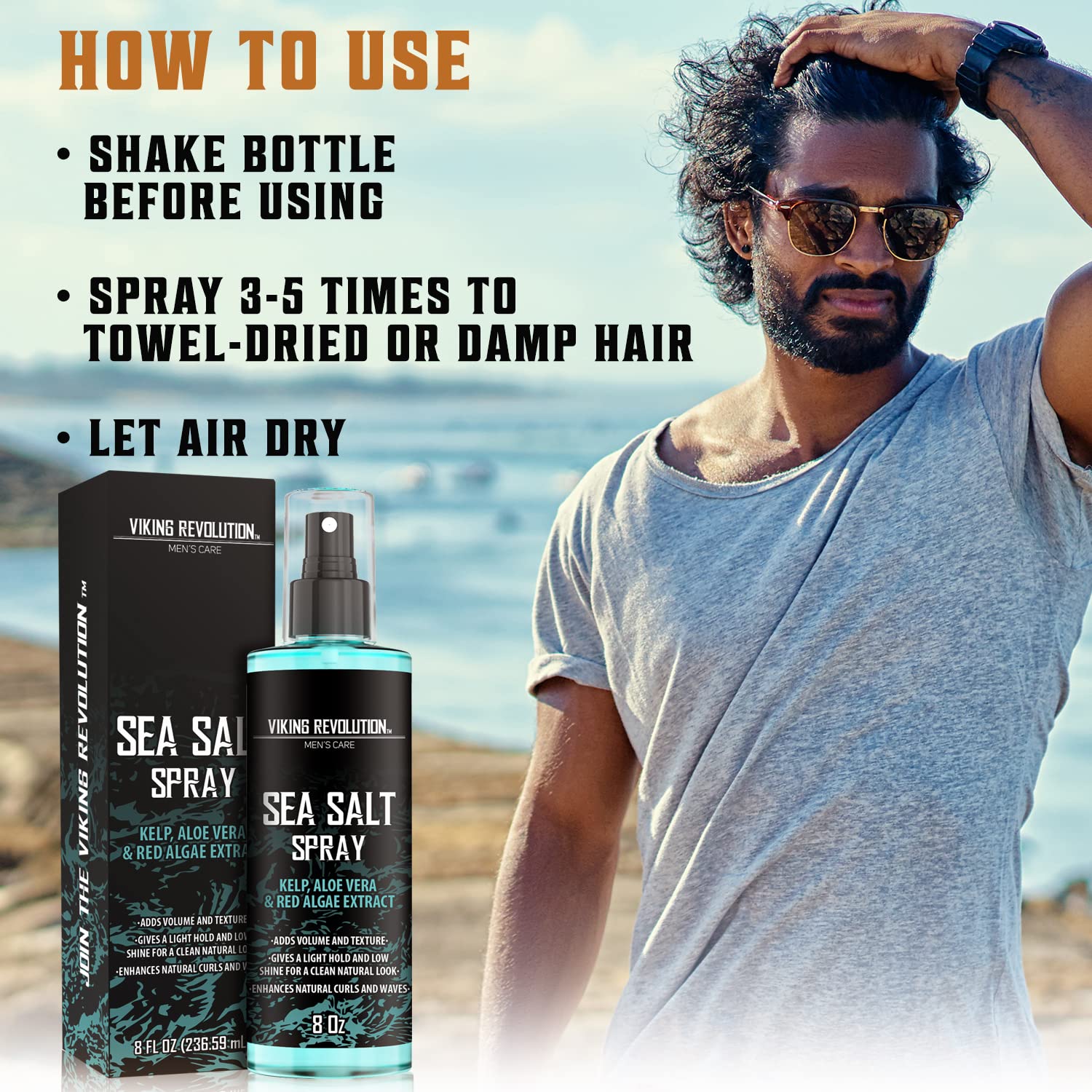 Viking Revolution Sea Salt Spray for Hair Men - Hair Texturizing Spray with Kelp, Aloe Vera and Red Algae Extract - Surf Spray to Add Volume and Texture Sea Salt Spray for Men Beach Hair Spray - 8oz : Beauty & Personal Care