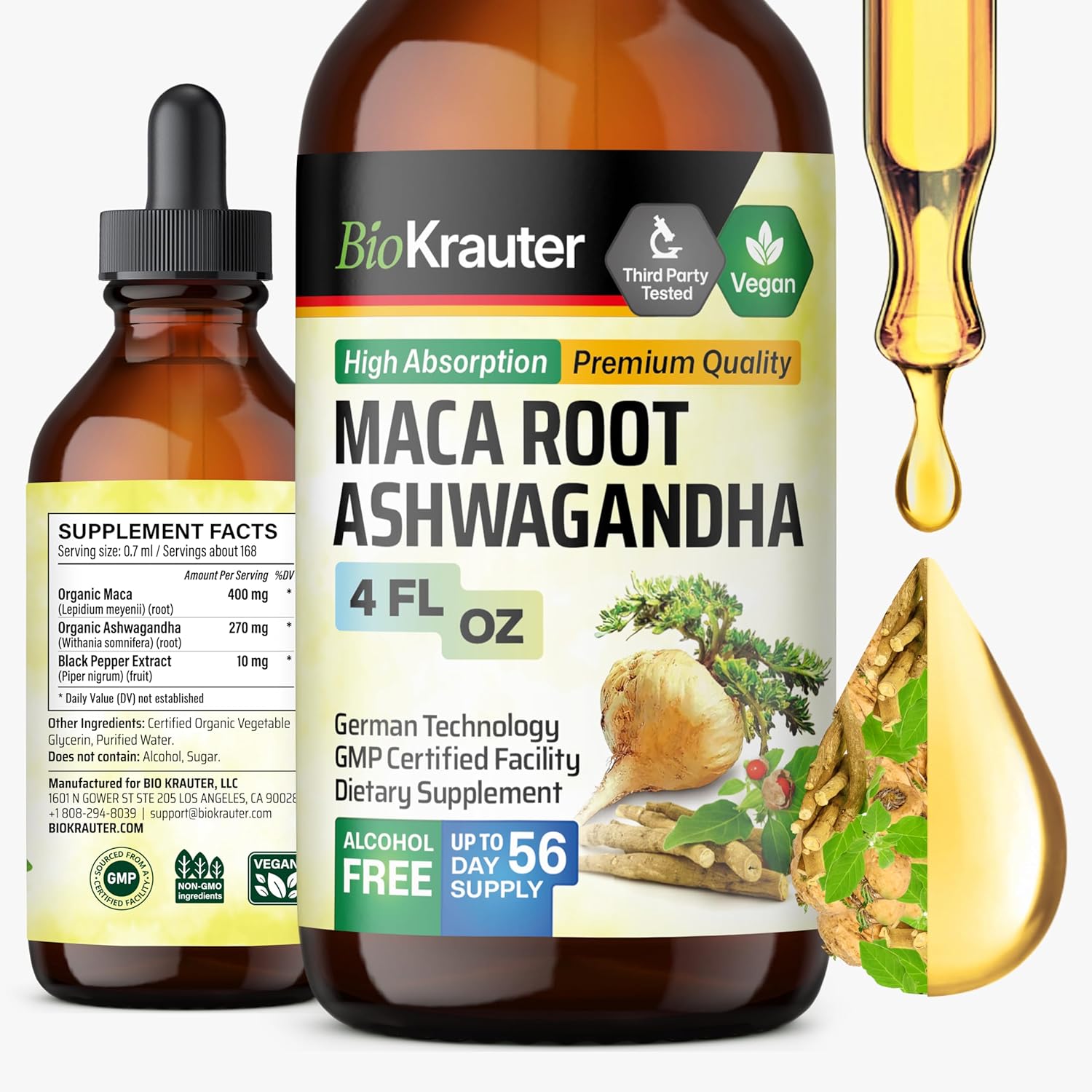 Bio Krauter Maca Root And Ashwagandha Tincture - Maca & Ashwagandha Supplements For Men & Women - Adaptogenic Liquid Supplement For Mood Support - Alcohol And Sugar Free Vegan Drops 4 Fl.Oz