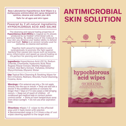 Base Laboratories Hypochlorous Acid Wipes | Saline Solution And Hocl Infused Wound Cleaning Wipes For Skin & Face | Cleanses, Sanitizes & Soothes Skin Irritations, Piercings, Acne & Eczema | 75 Wipes