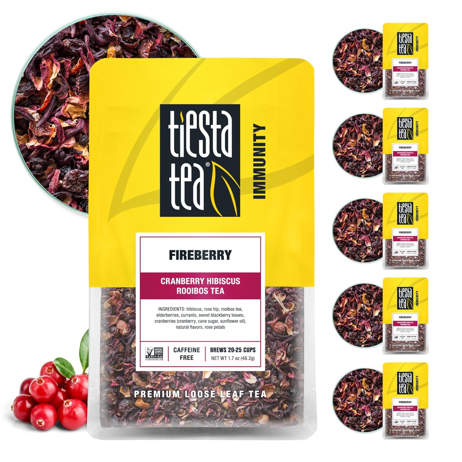 Tiesta Tea - Fireberry, Cranberry Hibiscus Rooibos Tea | Premium Loose Leaf Tea | Non-Caffeinated Rooibos Tea | Make Hot Or Iced Tea & Brews Up To 25 Cups - 1.7 Ounce Resealable Pouch, Pack Of 6