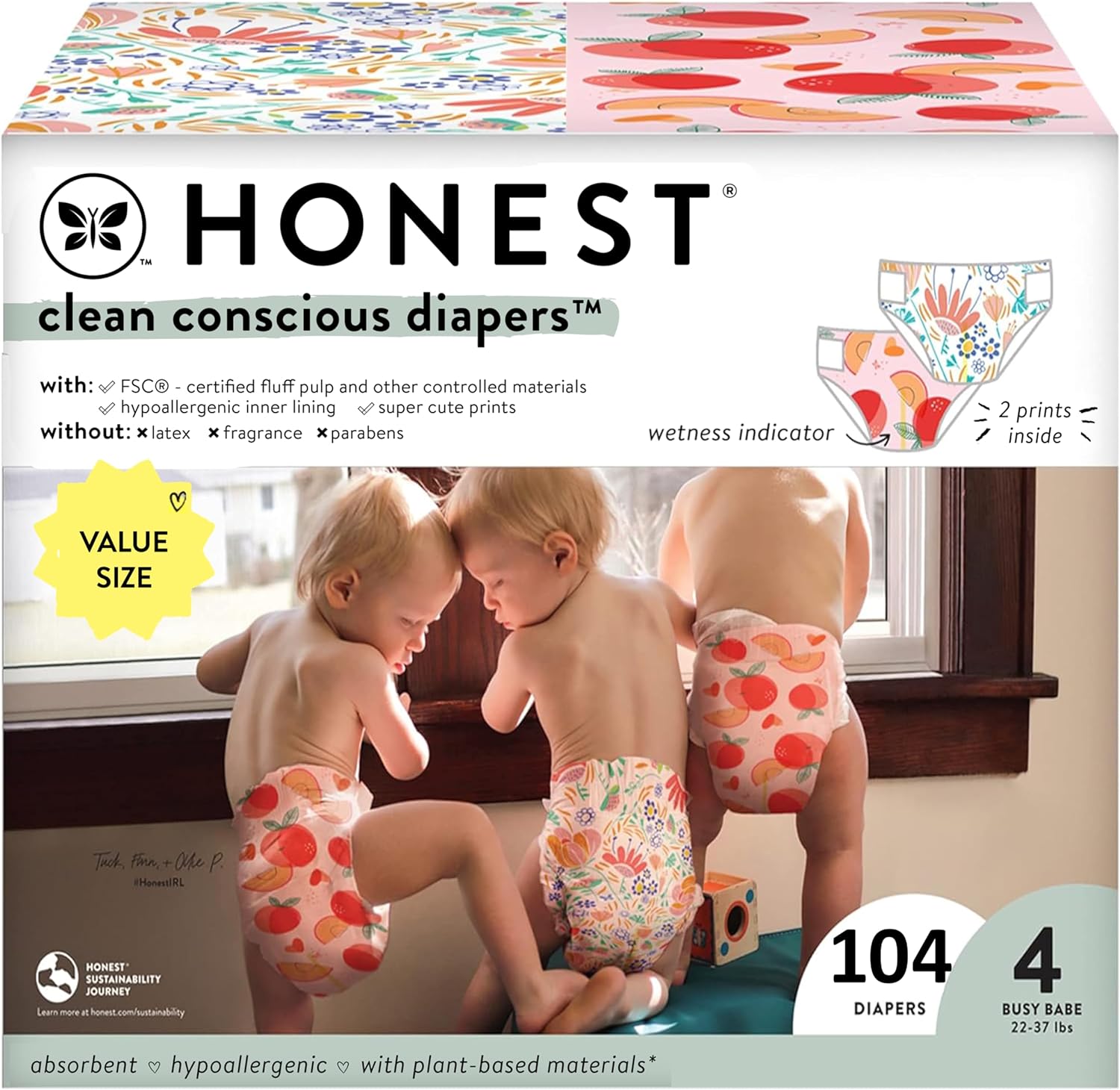 The Honest Company Clean Conscious Diapers | Plant-Based, Sustainable | Just Peachy + Flower Power | Super Club Box, Size 4 (22-37 Lbs), 104 Count