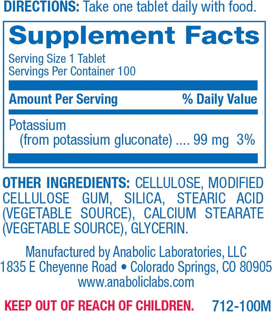 Potassium Supplement 99 mg - 100 Vegetarian Tablets of Potassium Gluco