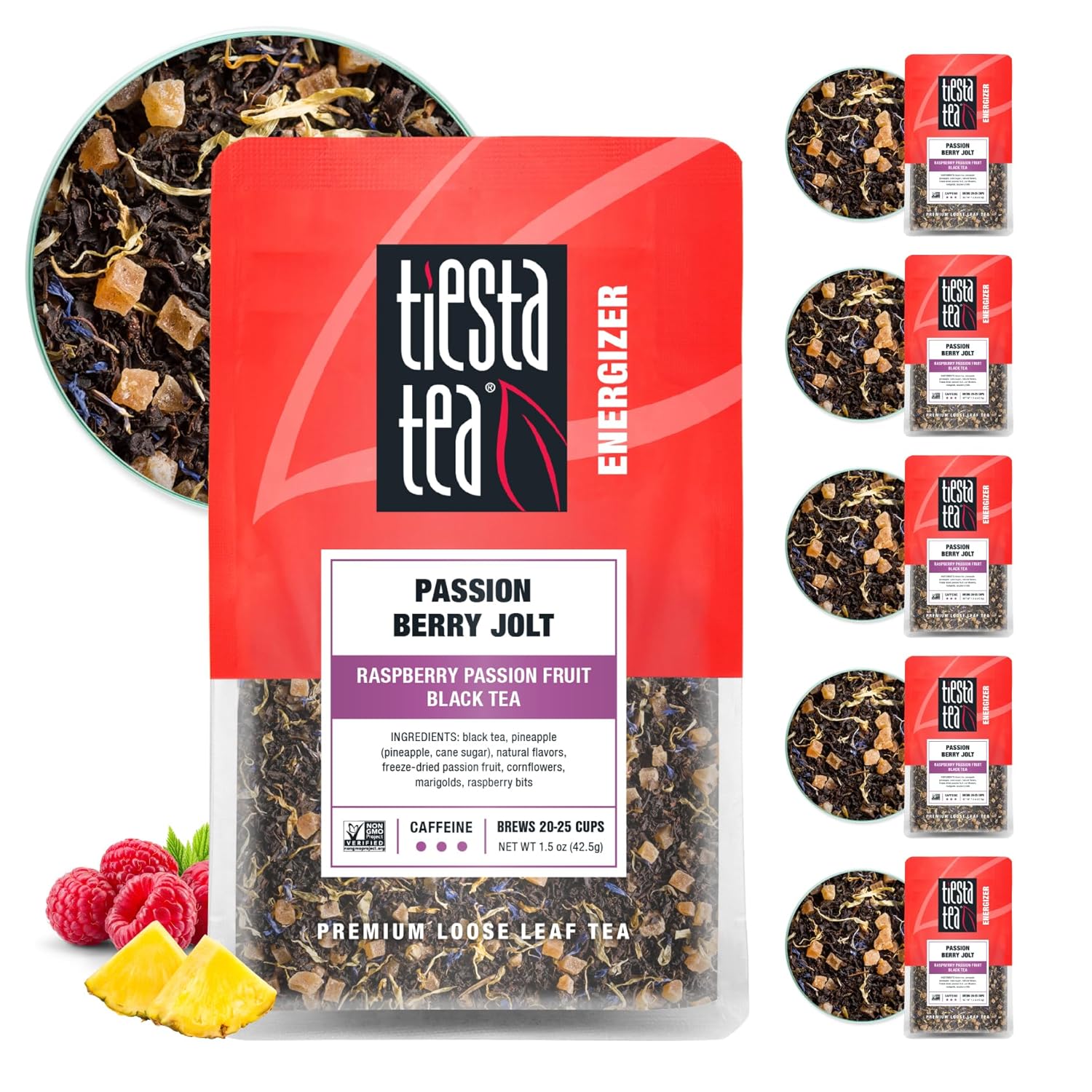 Tiesta Tea - Passion Berry Jolt, Raspberry Passion Fruit Black Tea, Loose Leaf, Up To 25 Cups, Make Hot Or Iced, Caffeinated, 1.5 Ounce Resealable Pouch, Pack Of 6