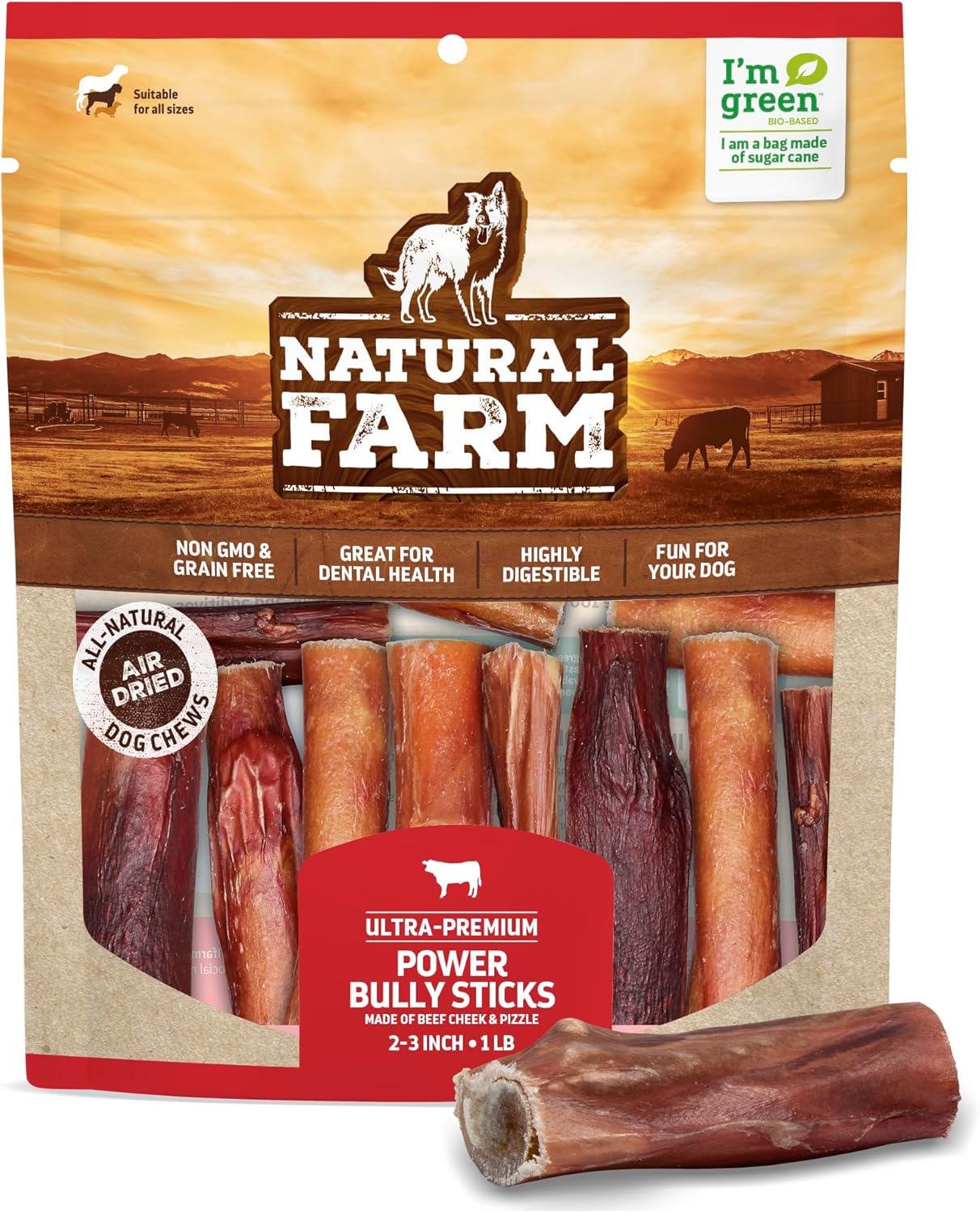 Natural Farm Power Bully Sticks Dog Chews (2-3”, 1 Pound Bag), 2-In-1 Power Chews: Premium Beef Cheek Wrapped In Beef Pizzle, Double Chewing Time, Promotes Dental Health, Great For Small Dogs