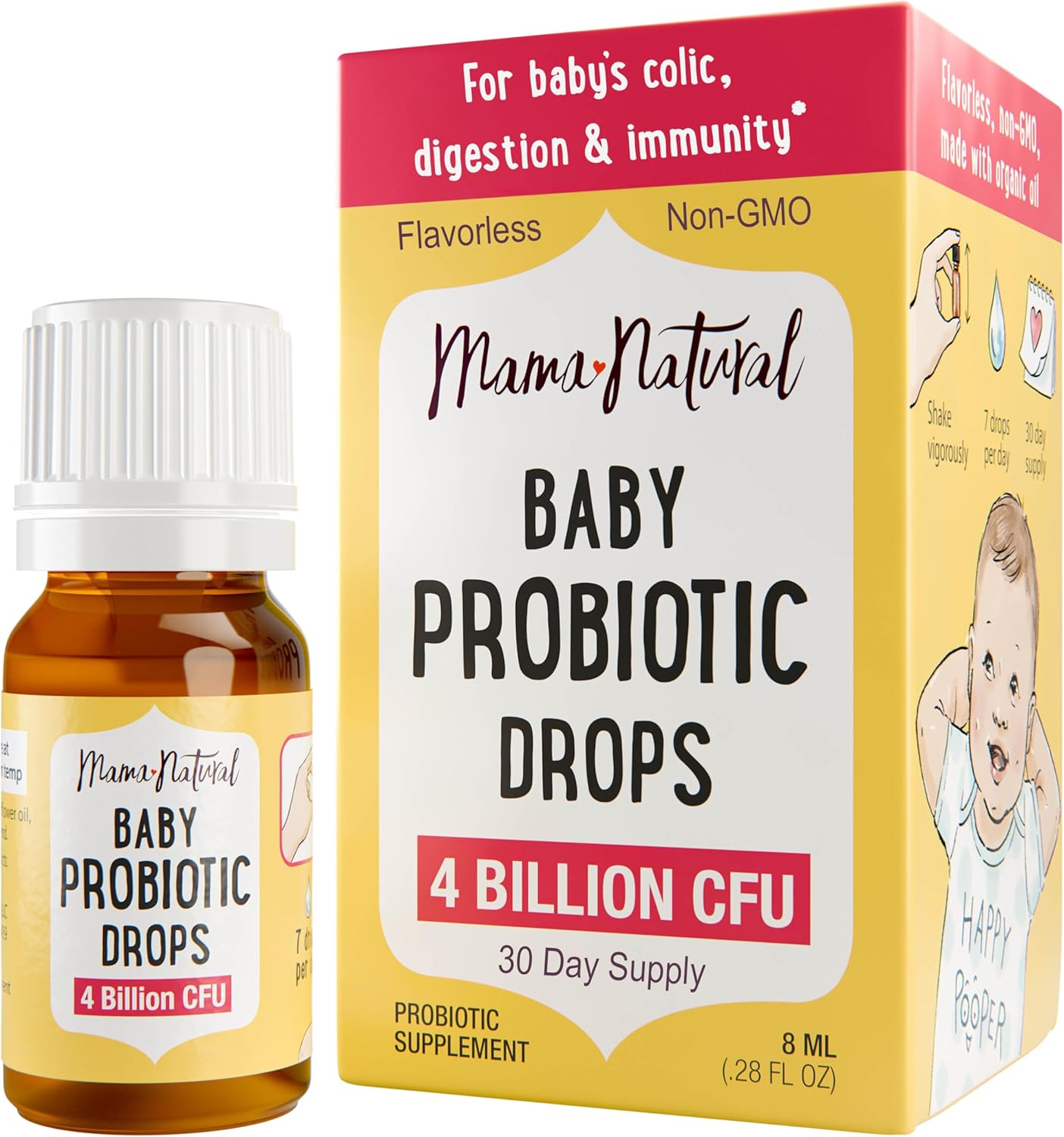 Mama Natural Baby Probiotic Drops (0.28 Fl Oz) | 4 Billion Cfu Pediatrician-Tested Infant Probiotic Helps With Colic Relief For Newborns & Constipation Ease For Infants - Unflavored Baby Gas Drops