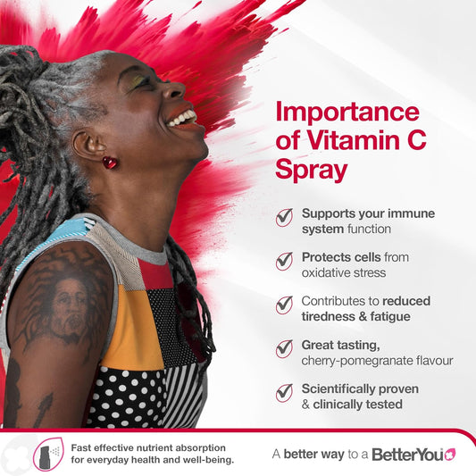 Betteryou Vitamin C Oral Spray, Fast Acting High Strength Vitamin C Supplement, Supports Immune System And Protect Cells From Oxidative Stress, 1-Month Supply, Natural Cherry & Pomegranate Flavour
