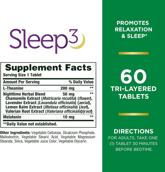 Nature'S Bounty Sleep3 Melatonin 10Mg, Maximum Strength 100% Drug Free Sleep Aid, Dietary Supplement, L-Theanine & Nighttime Herbal Blend Time Release Technology, 60 Tri-Layered Tablets