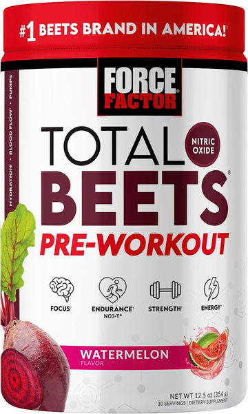 FORCE FACTOR Total Beets Pre-Workout Powder to Boost Energy & Endurance, Increase Strength, and Improve Blood Flow and Pumps, Nitric Oxide Supplement with Beet Root Powder, Watermelon, 30 Servings