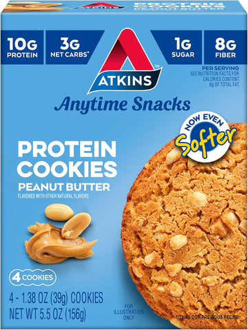 Atkins Peanut Butter Protein Cookie, Protein Dessert, Rich In Fiber, 3G Net Carb, 1G Sugar, Keto Friendly, 4 Count