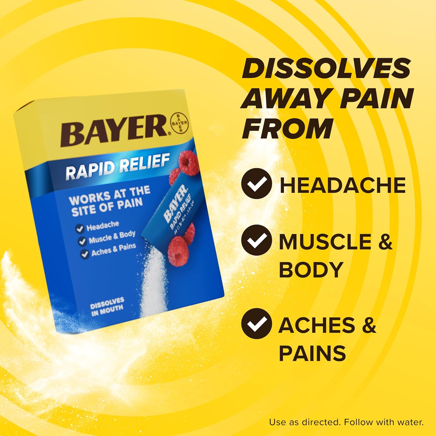 Bayer New Rapid Relief Powder Packs with Aspirin & Caffeine, Dissolvable Fast Acting Pain Relief, Works at Site of Pain to Relieve Headache, Muscle and Body Pain, Raspberry Flavor, 30 Count : Health & Household