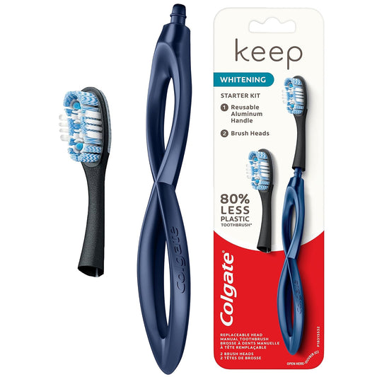 Colgate Keep Soft Manual Toothbrush for Adults with 2 Whitening Brush Heads, Navy