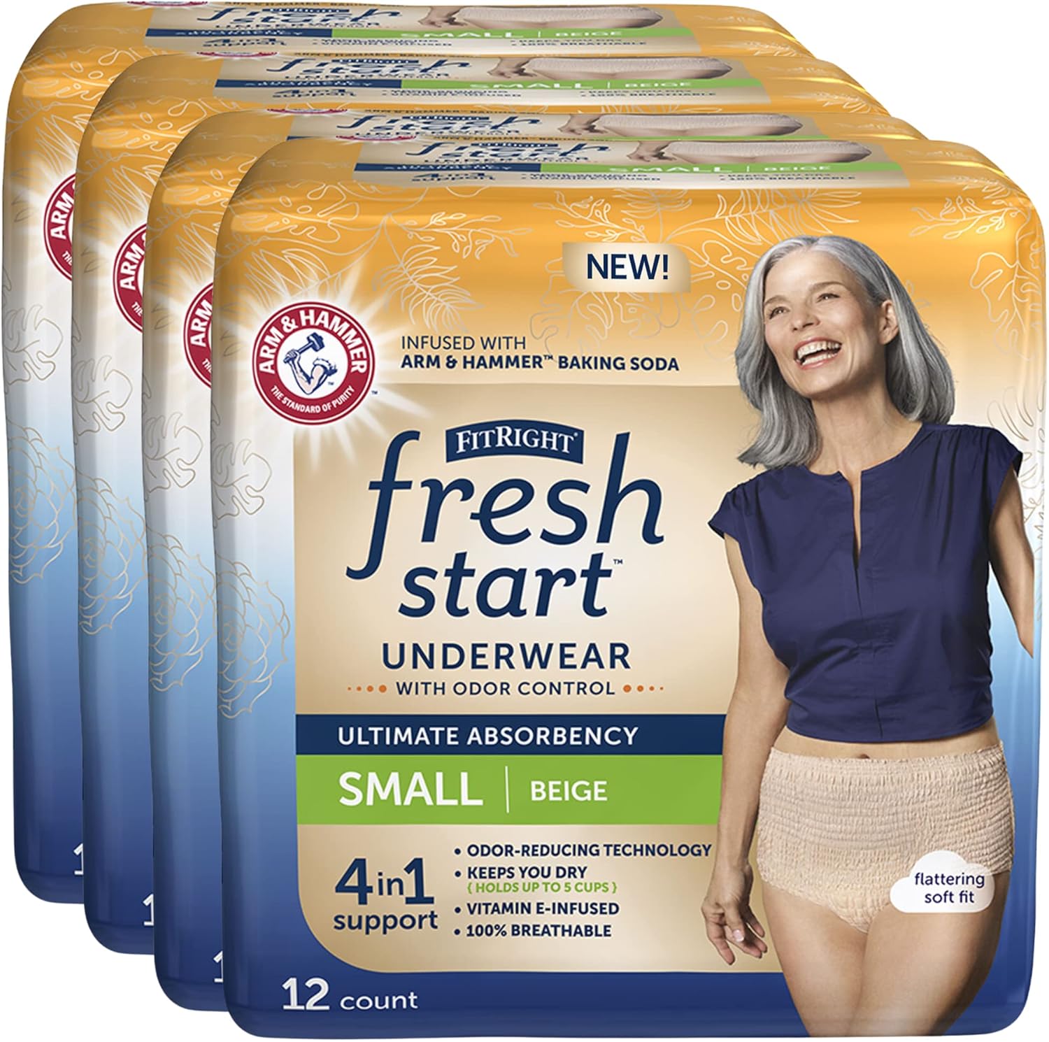 Fitright Fresh Start Urinary And Postpartum Incontinence Underwear For Women, Small, Beige, Ultimate Absorbency, With The Odor-Control Power Of Arm & Hammer Baking Soda (48 Count, 4 Packs Of 12)