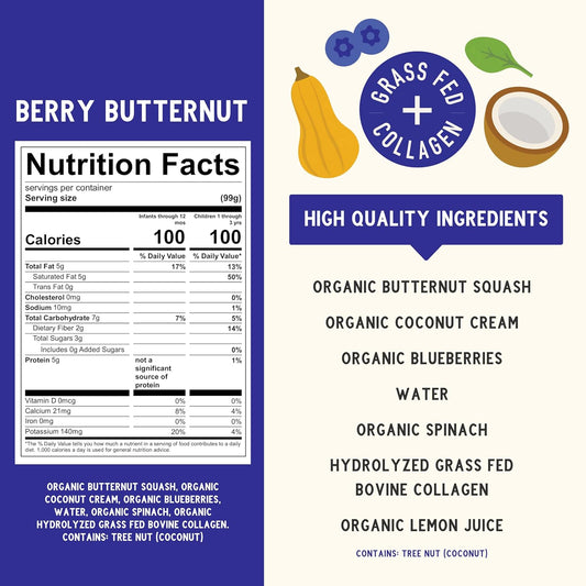 Serenity Kids 6+ Months Dairy-Free Smoothie Baby Food | Usda Organic | Grass Fed Collagen Protein | 3.5 Ounce Bpa-Free Pouch | Berry Butternut | 1 Count