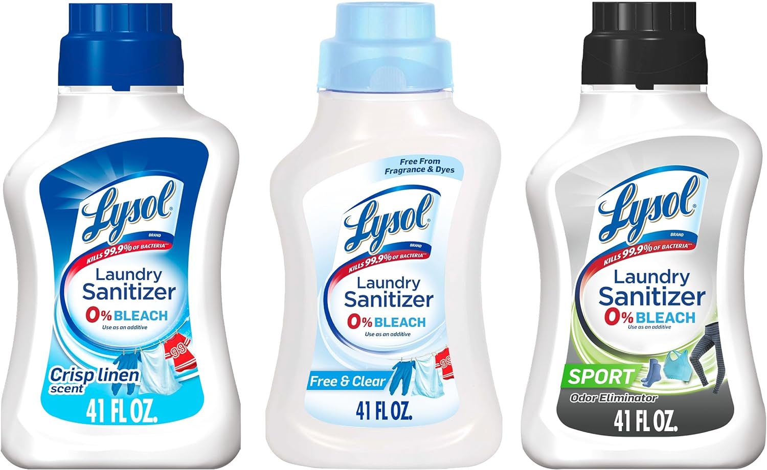 Lysol Laundry Sanitizer Additive, 41 Fl Oz Multifragrance 3 Pack Bundle, Crisp Linen, Free & Clear, Sport Scents