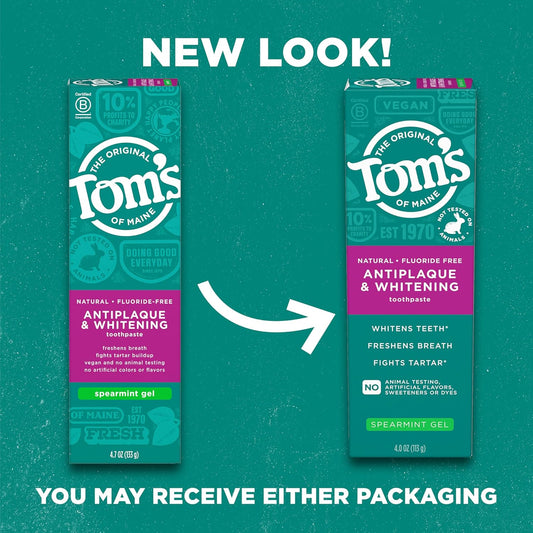 Tom's of Maine Antiplaque and Whitening Fluoride Free Natural Toothpaste Gel, Vegan, Spearmint, 4 Ounces (3 Pack)