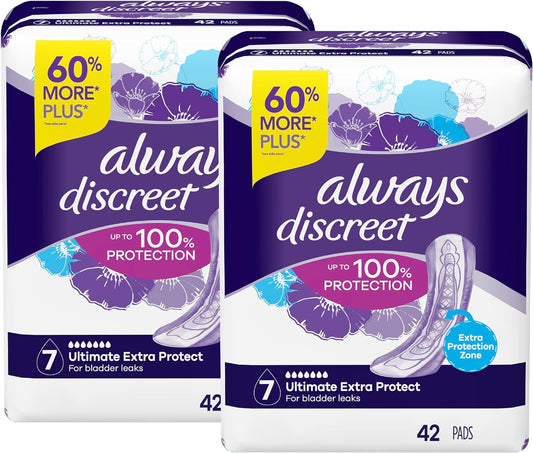 Always Discreet Adult Ultimate Extra Protection Incontinence & Postpartum Pads with Rapid Dry, 42 Count x Pack of 2 (84 Count Total)