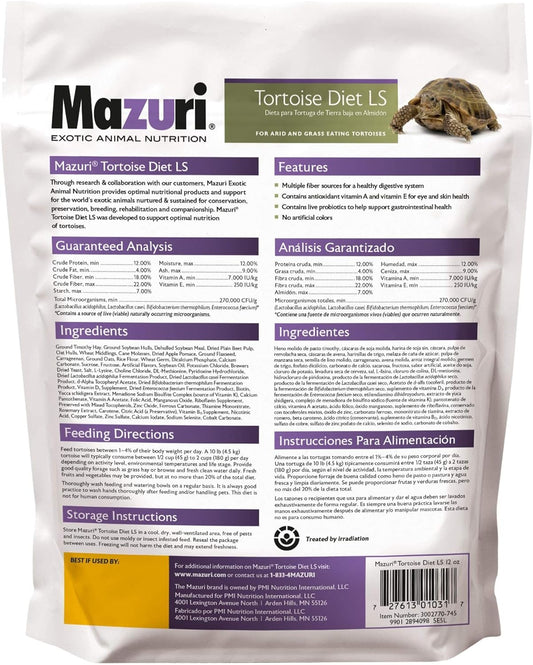 Mazuri | Tortoise Ls Diet For African Spurred/Sulcata, Desert, Egyptian, Galapagos, Gopher, Greek, Leopard, Pancake, Radiated Or Yellow-Footed Tortoise, | 12 Ounce (12 Oz) Bag