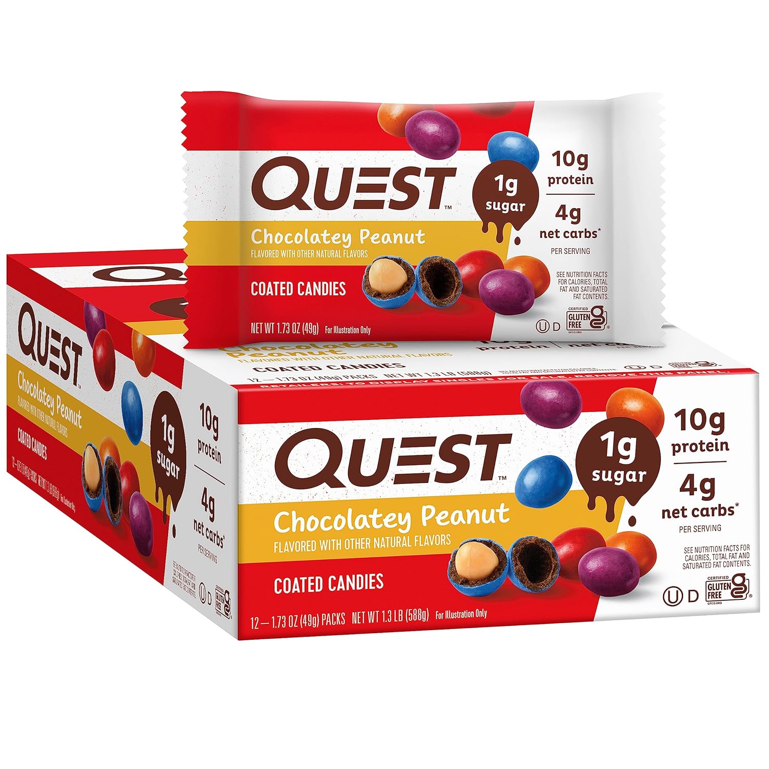 Quest Nutrition Coated Candies, Chocolatey Peanut, 1g Sugar, 10g Protein, 4g Net Carbs, Gluten Free, Keto Friendly, 12 Count