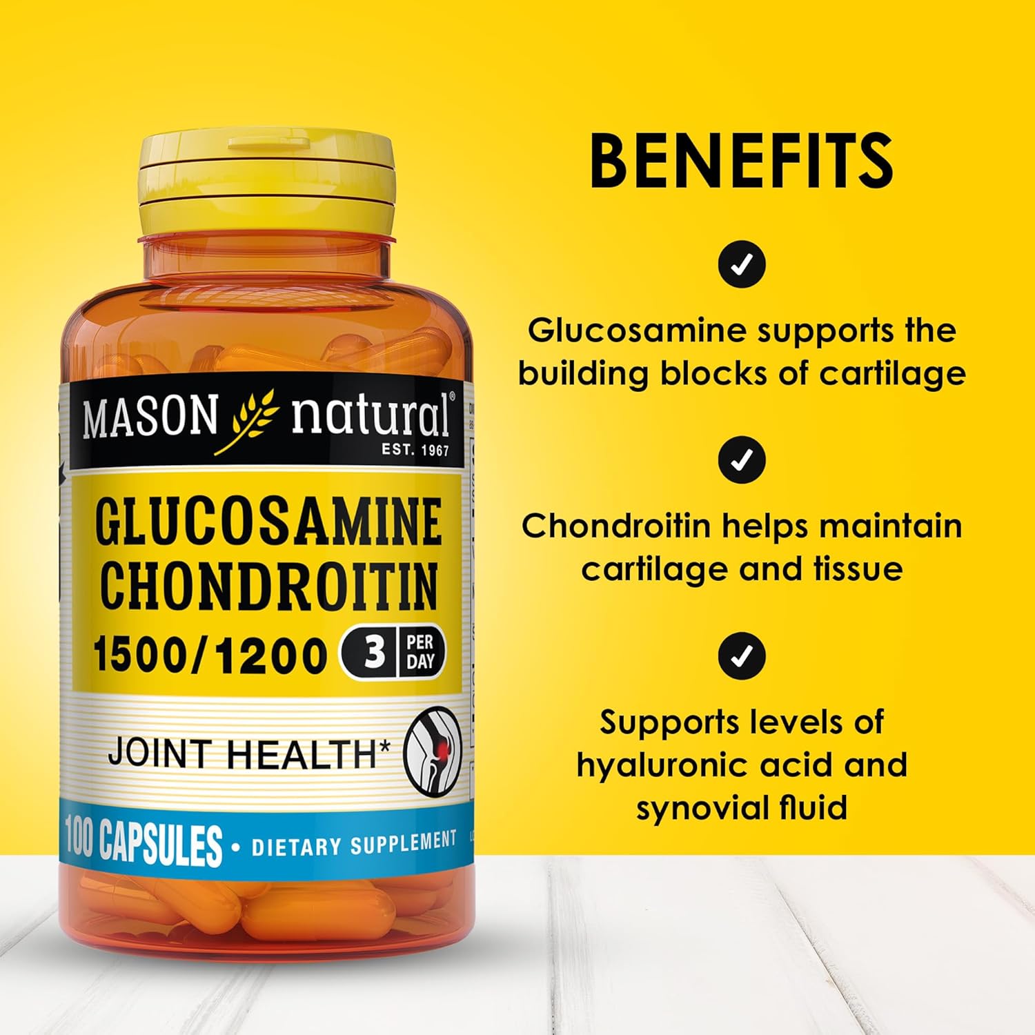 Mason Natural Glucosamine Chondroitin 1500/1200 With Vitamin C, Supports Joint Health For Normal Flexibility & Mobility*, 100 Capsules, 1 Month Supply