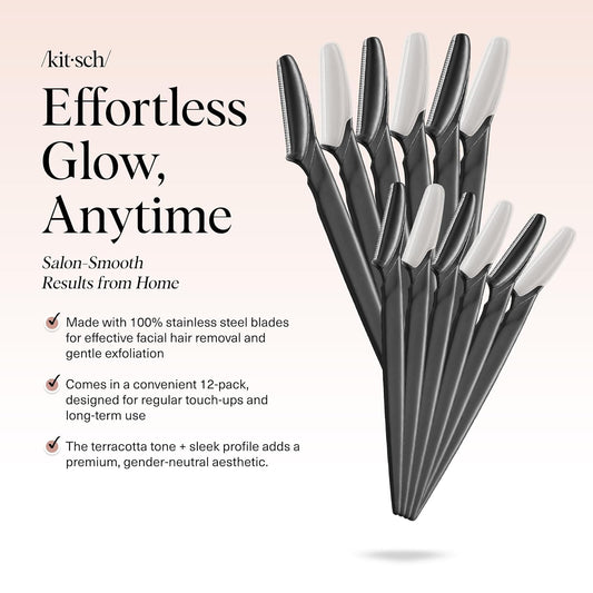 Kitsch Dermaplane Razor For Women Face - Face Razors For Women And Men - Eyebrow Trimmer, Shaver, Recycled Plastic Dermaplaning And Skin Care Tool - Black, 12 Pcs