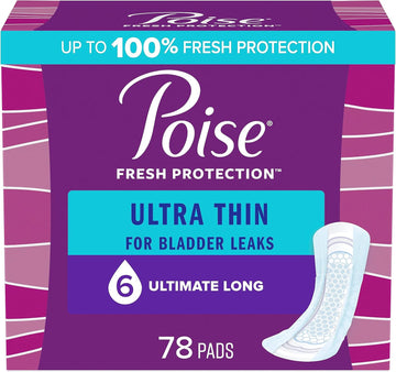 Poise Ultra Thin Incontinence Pads & Postpartum Incontinence Pads, 6 Drop Ultimate Absorbency, Long Length, 78 Count (3 Packs Of 26) Packaging May Vary