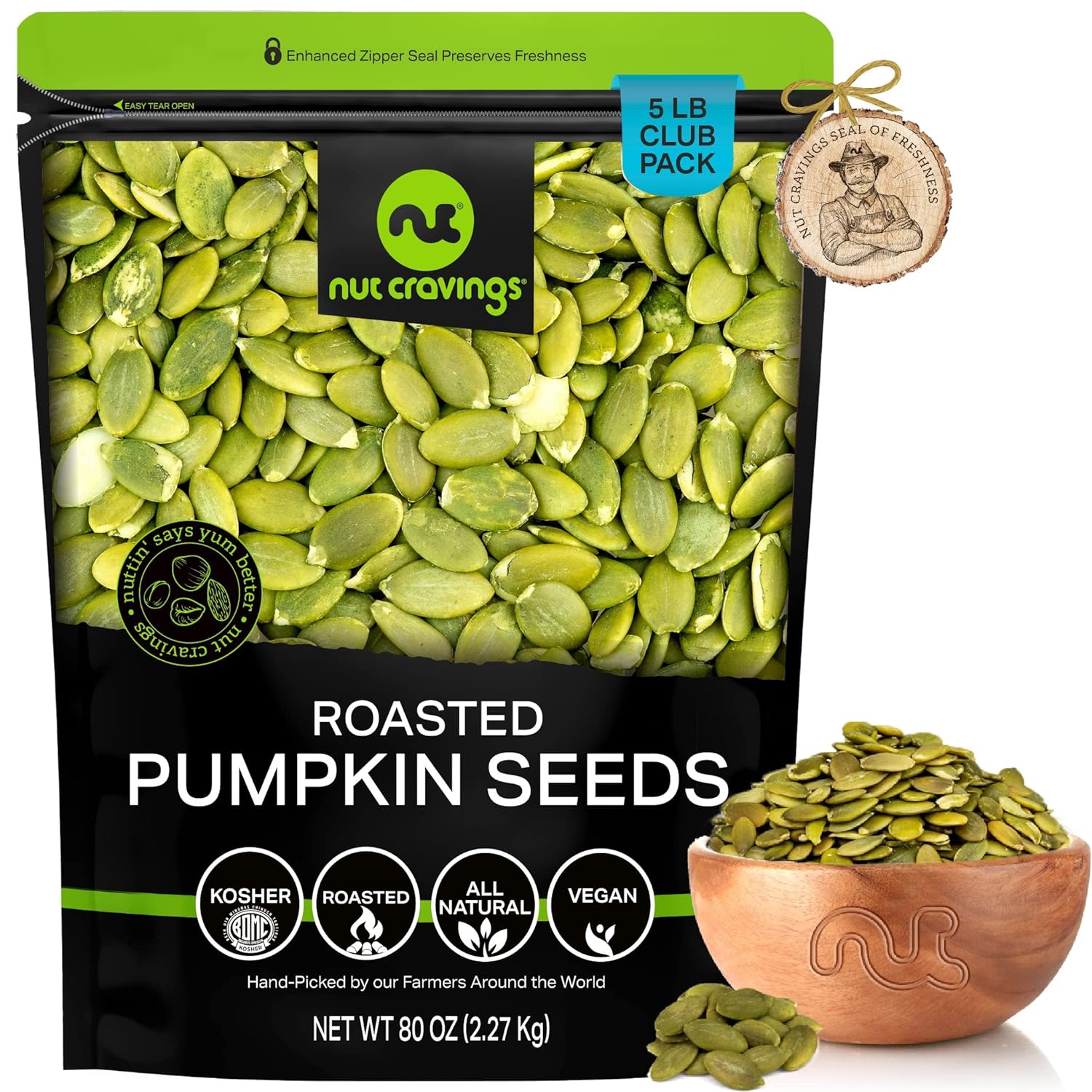 Nut Cravings - Roasted & Unsalted Pumpkin Seeds, Pepitas, No Shell (80oz - 5 LB) Packed Fresh in Resealable Bag - Nut Snack - Healthy Protein Food, All Natural, Keto Friendly, Vegan, Kosher