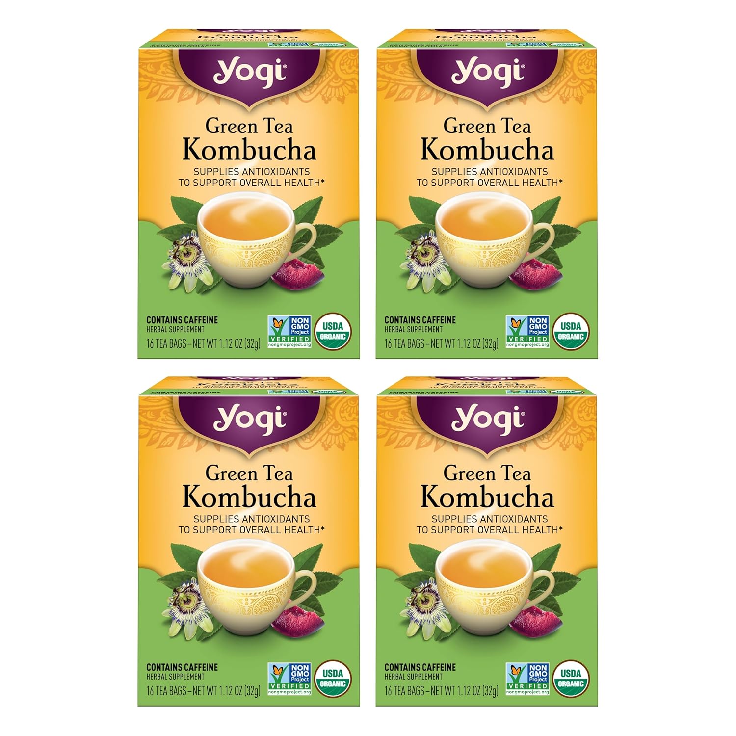 Yogi Tea Green Tea Kombucha Tea - 16 Tea Bags Per Pack (4 Packs) - Organic Green Tea With Kombucha To Support Overall Health - Includes Green Tea Leaf, Lemongrass, Spearmint Leaf & More