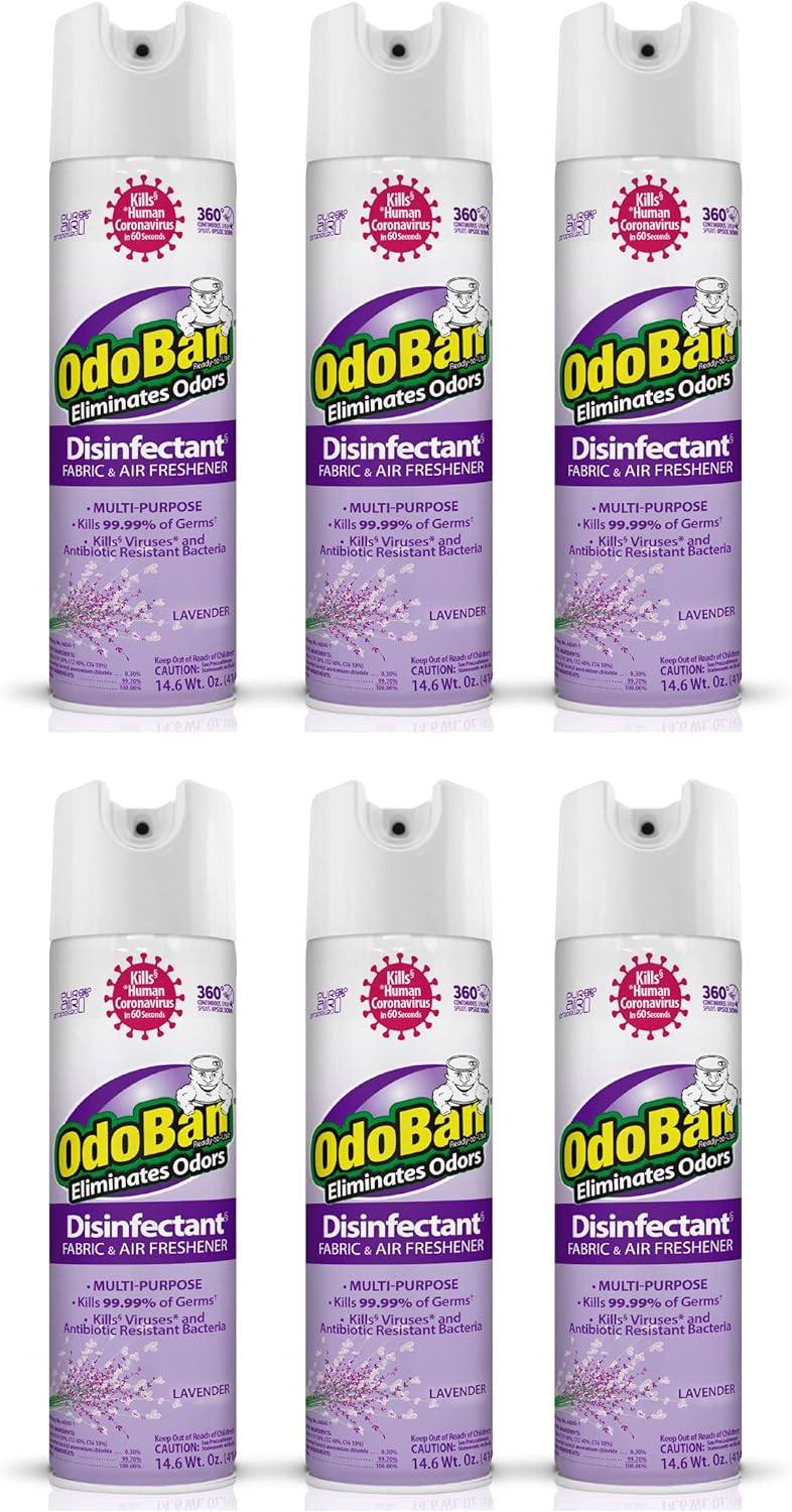 OdoBan Ready-to-Use 360-Degree Continuous Spray Disinfectant and Harsh Aroma Eliminator, Fabric and Air Freshener, 6 Pack, 14.6 Ounces Each, Lavender Scent
