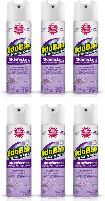 OdoBan Ready-to-Use 360-Degree Continuous Spray Disinfectant and Harsh Aroma Eliminator, Fabric and Air Freshener, 6 Pack, 14.6 Ounces Each, Lavender Scent