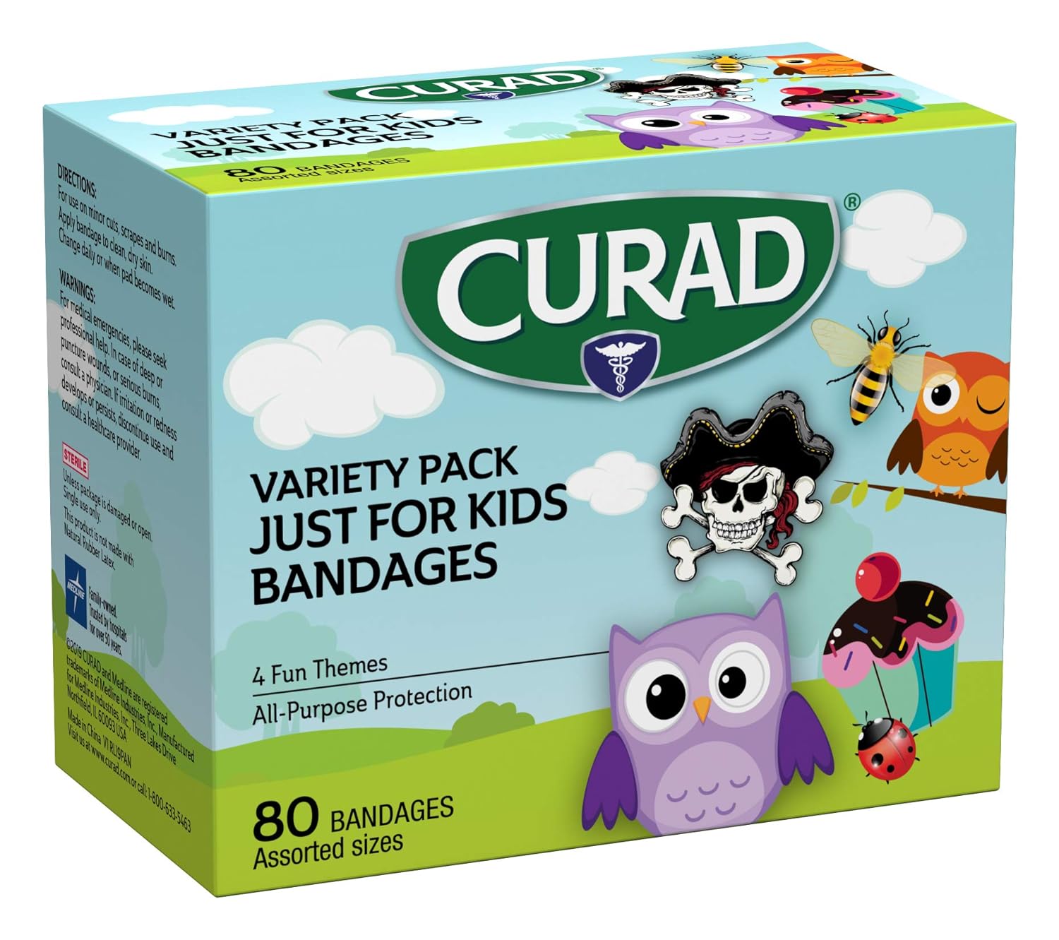 Curad Just For Kids Bandages, 4 Fun Themes, Colorful, All-Purpose Protection Plastic Bandages, 4-Sided Seal, Variety Of Sizes, 80 Count