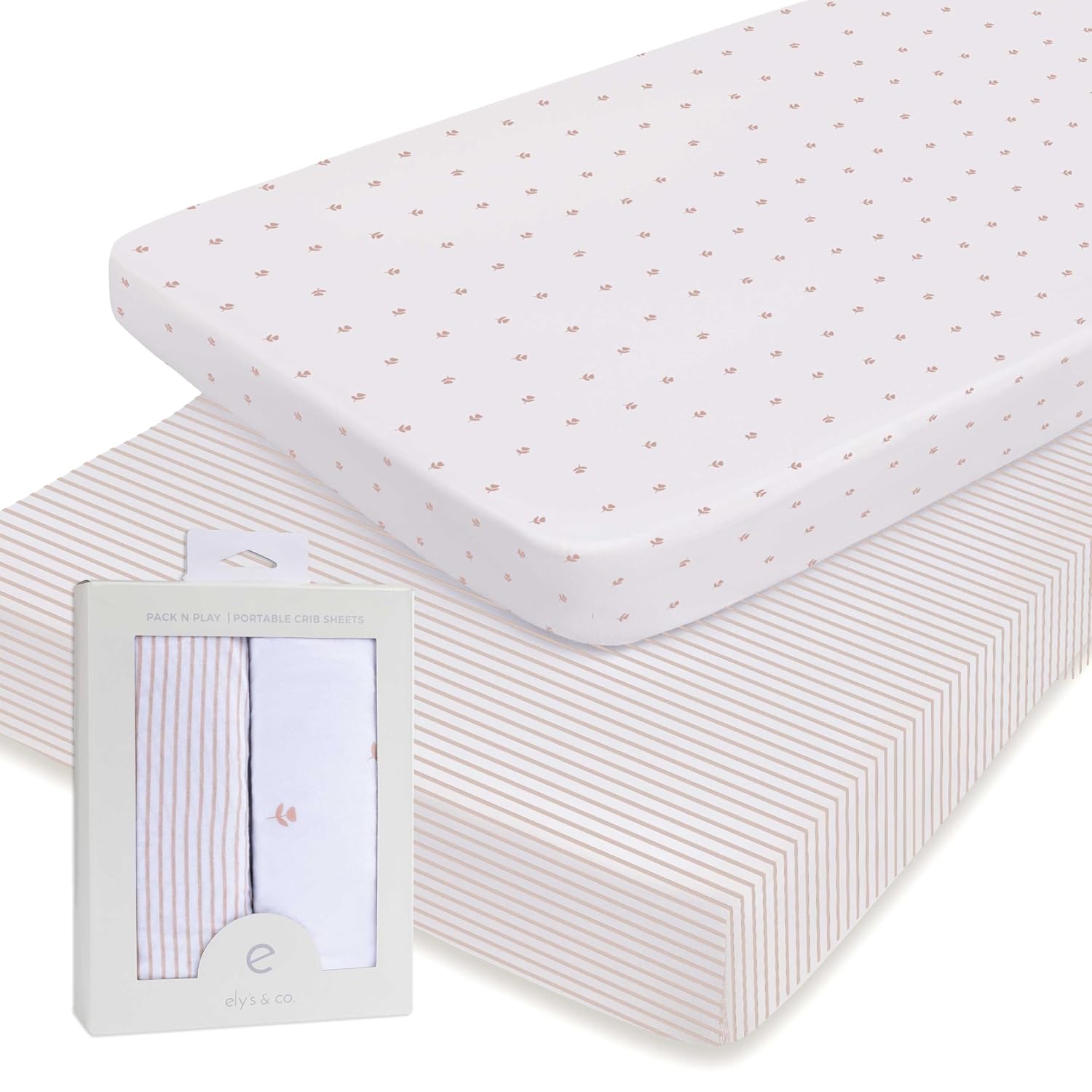 Pack And Play Sheet 2 Pack - Pack And Play Sheets Fitted With 100% Jersey Cotton - Pack N Play Mattress Sheets For Boys And Girls, Newborn Essentials (Pink Tulips & Stripes)