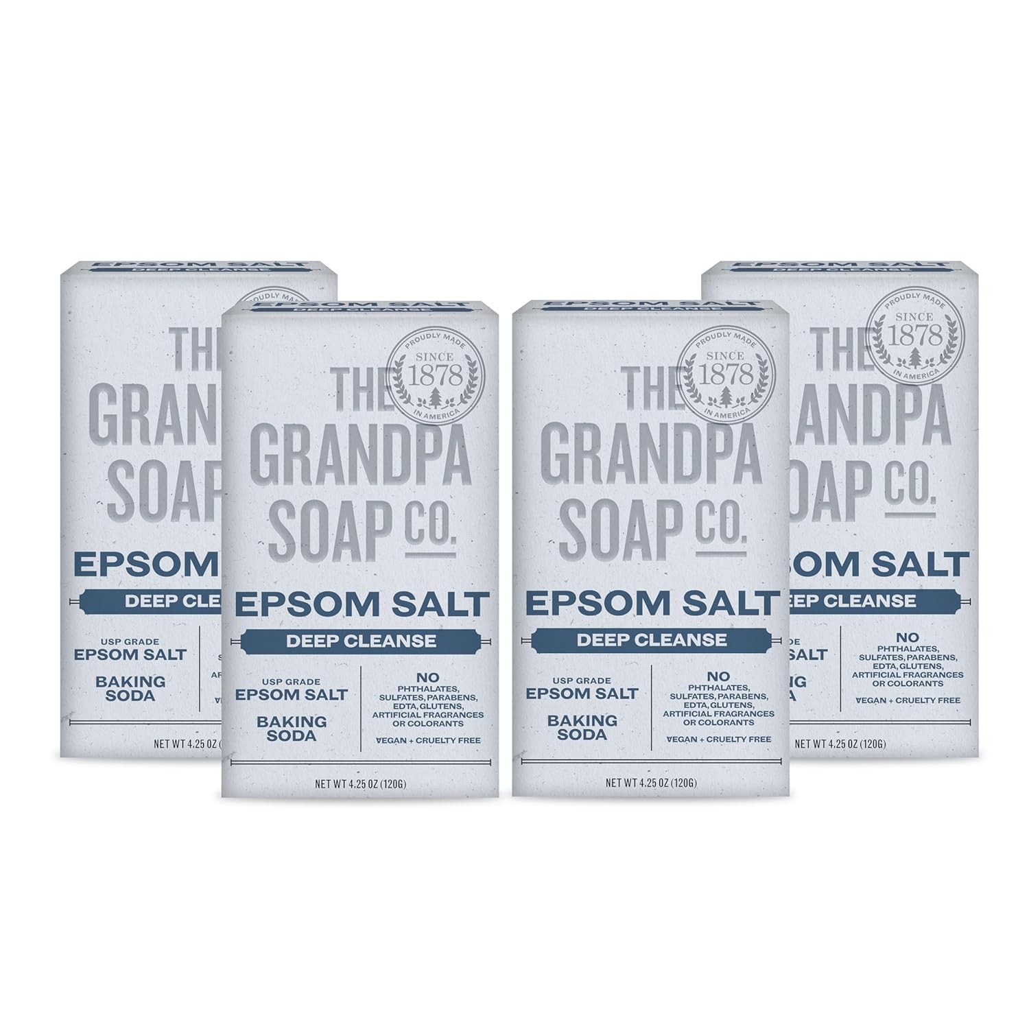 The Grandpa Soap Company Epsom Salt Bar Soap - Deep Cleansing Soap, Made With Epsom Salt And Baking Soda, Removes Dirt Grease And Grime, Vegan, For Face And Body, 4.25 Oz, 4 Pack