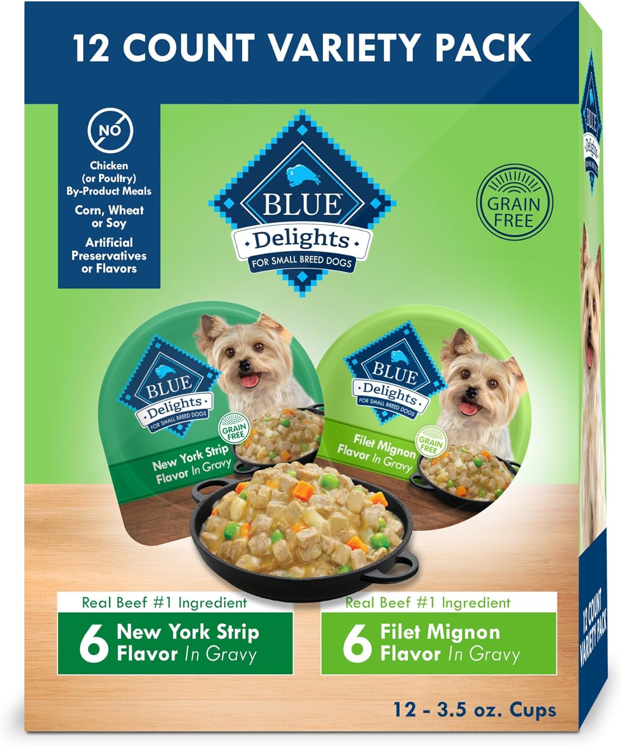 Blue Buffalo Delights Natural Adult Small Breed Wet Dog Food, Variety Pack, Made With Natural Ingredients, Filet Mignon & New York Strip Recipe In Hearty Gravy, 3.5-Oz. Cups (12 Count, 6 Of Each)