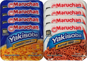 Maruchan Yakisoba Variety, 4 of each Flavor (Pack of 8), Cheddar Cheese & BBQ, Single Serving Japanese Ramen Noodles with By The Cup Chopsticks