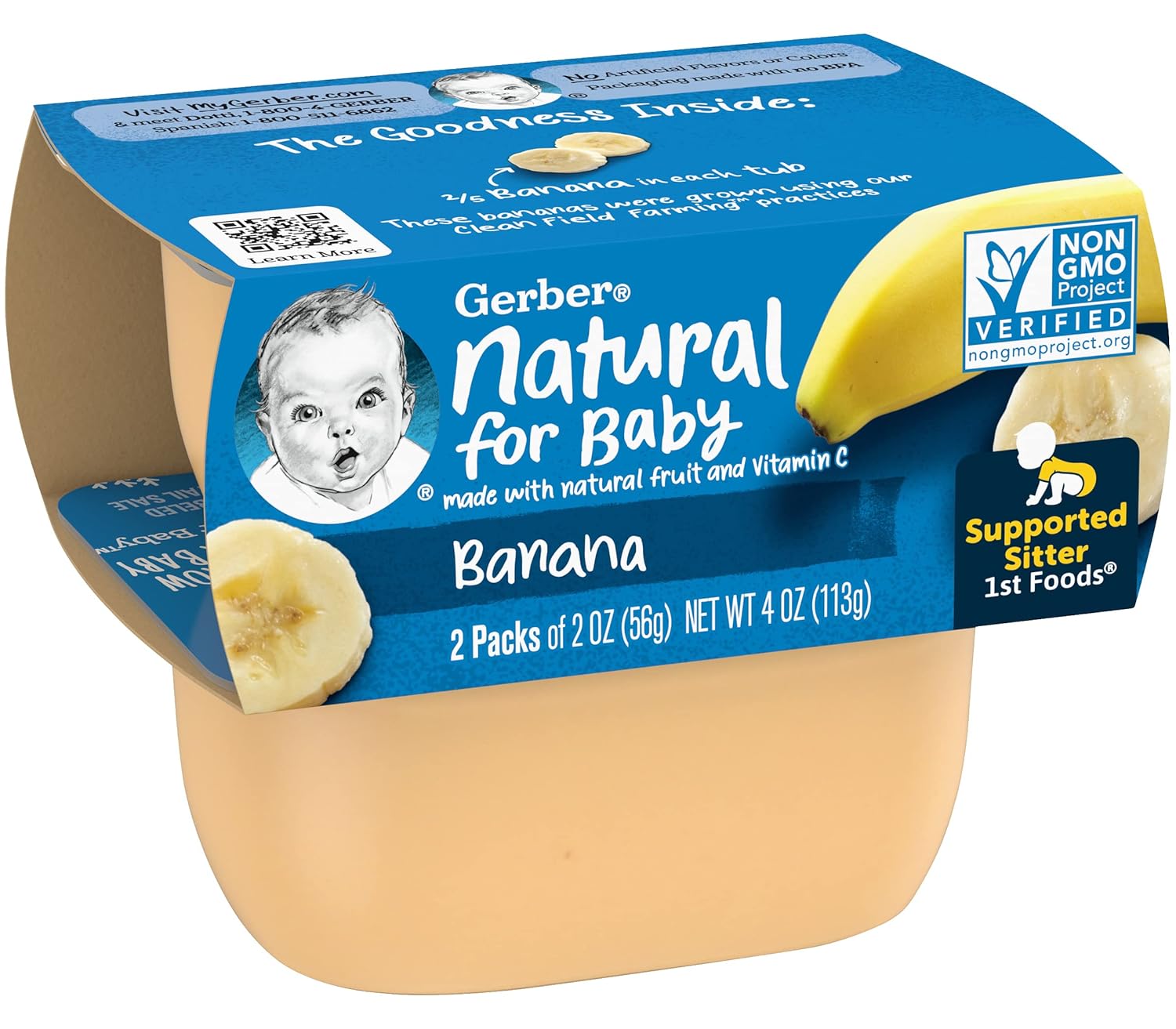Gerber 1st Foods Baby Food Banana Puree, Natural & Non-GMO, 2 Ounce Tubs, 2-Pack (Pack of 8) : Baby