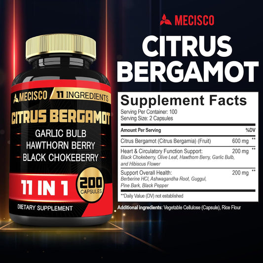 11In1 Citrus Bergamot Supplement 1000Mg With Olive Leaf, Hawthorn Berry, Guggul, Garlic, And More - Support Immunity, Circulatory System & Overall Health - 200 Capsules