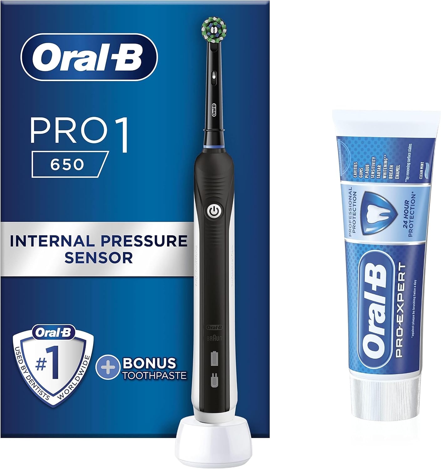 Oral-B Pro 1 Electric Toothbrush For Adults & Pro-Expert Professional Protection Toothpaste, 1 Handle, 1 Toothbrush Head, 2 Pin Uk Plug, 650, Black
