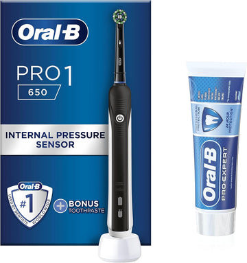 Oral-B Pro 1 Electric Toothbrush For Adults & Pro-Expert Professional Protection Toothpaste, 1 Handle, 1 Toothbrush Head, 2 Pin Uk Plug, 650, Black