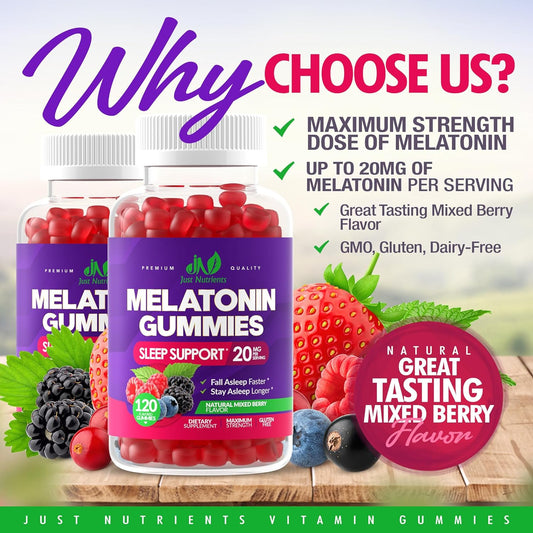 Melatonin 20Mg Gummies For Adults (120 Count) - Maximum Strength Sleep Gummies With 10Mg Of Melatonin Per Gummy - Gluten-Free, Non-Gmo, Vegetarian, Great Tasting Mixed Berry Flavor - 60 Servings