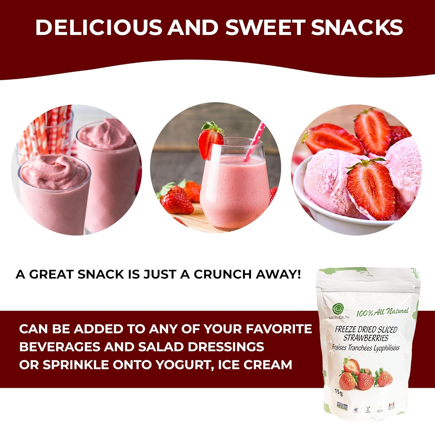 Freeze Dried Sliced Strawberries 2X15G - Delicious Snack, 100% Fruit, No Added Sugar - Grown In Canada (15G X 1 Bag) : Grocery & Gourmet Food