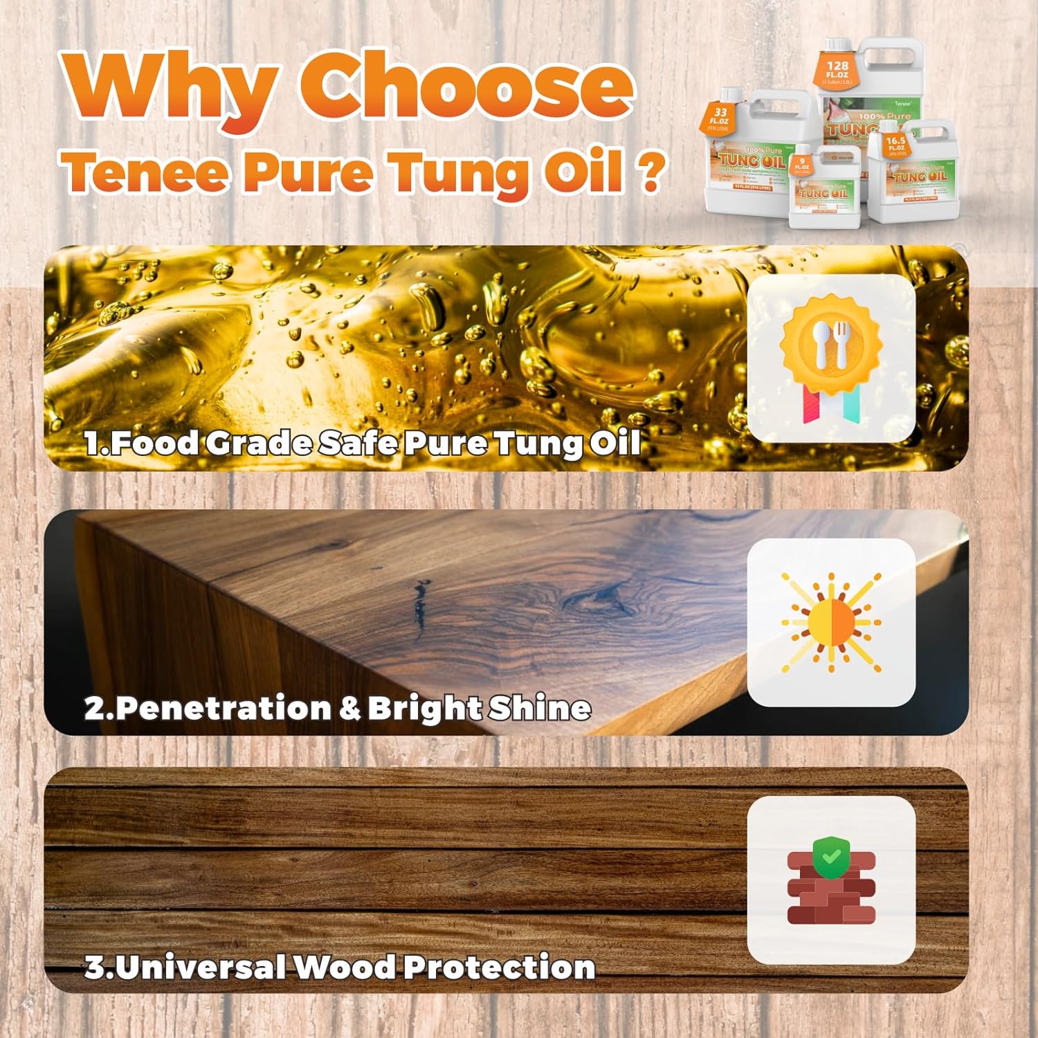 Tenee 9 Fl Oz Pure Tung Oil – Food Safe Wood Sealer Preferred by Experienced Craftsmen – Waterproof Tung Oil That Strengthens & Protect Wood – Wood Projects Food Grade Tung Oil Finish : Health & Household