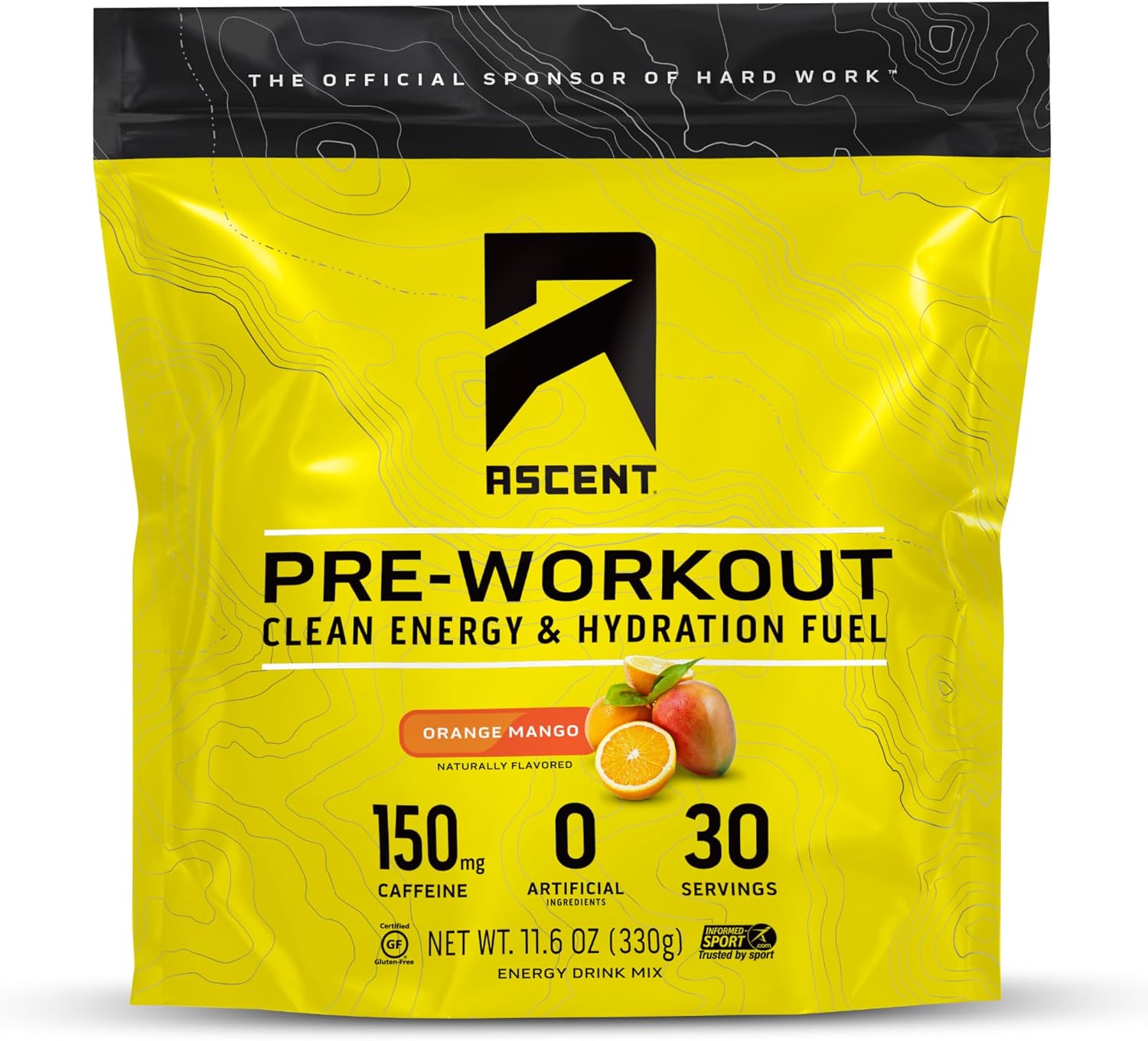 Ascent Pre Workout Powder - Preworkout for Men & Women with No Artificial Ingredients or Flavors - Clean Energy with 150g Caffeine & 250g Electrolytes - Orange Mango, 30 Servings