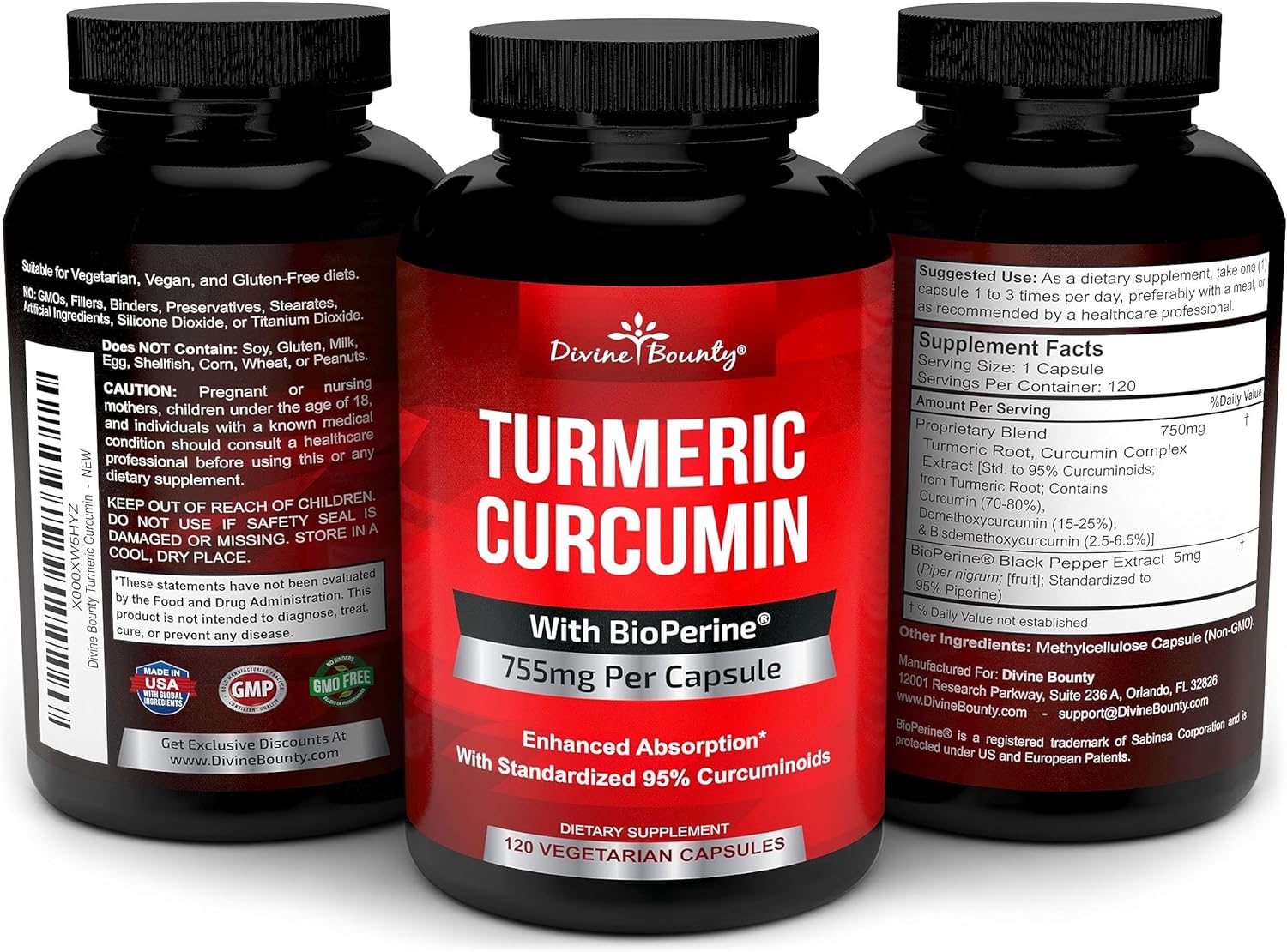 Turmeric Curcumin with BioPerine Black Pepper Extract - 755mg per Capsule, 120 Veg. Capsules - GMO Free Tumeric, Standardized to 95% Curcuminoids for Maximum Potency : Health & Household