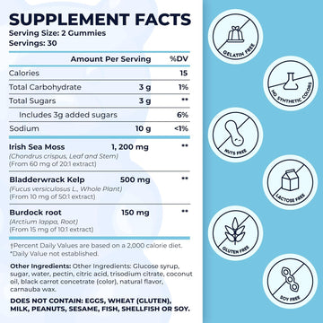 Irish Sea Moss Gummies With Burdock Root & Bladderwrack - Vegan Seamoss Supplement For Women, Men & Kids, Non-Gmo, 60 Sea Moss Gummies
