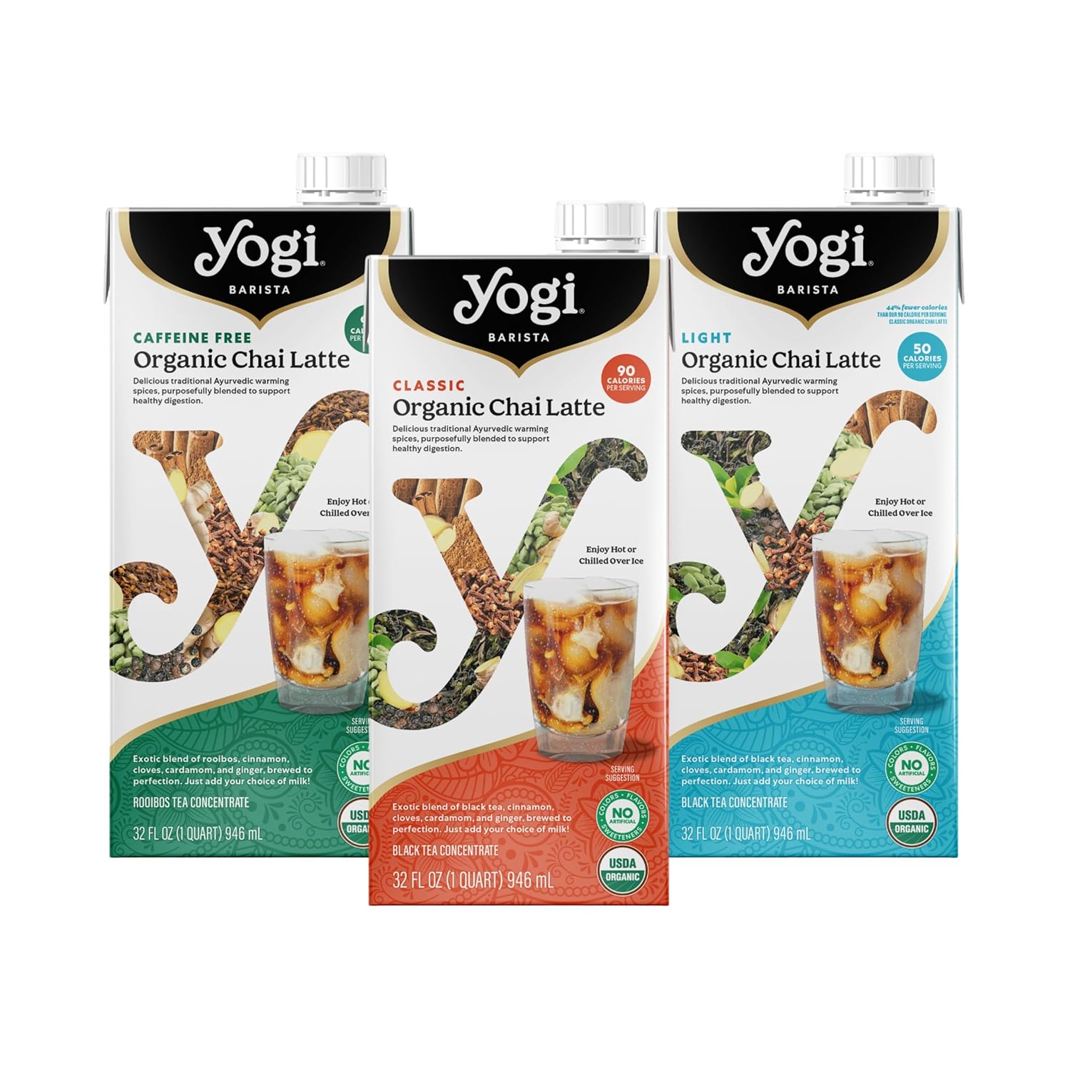 Yogi Barista Organic Chai Latte Tea Concentrate Variety Pack, 32 Fluid Oz (3 Pack) - Supports Healthy Digestion - Includes One Of Each Classic Chai Latte, Light Chai Latte And Caffeine-Free Chai Latte