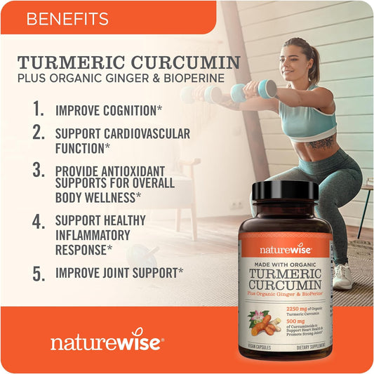 Naturewise Curcumin Turmeric 2250Mg | 95% Curcuminoids & Bioperine Black Pepper Extract | Advanced Absorption For Joint Support [2 Month Supply - 180 Count]