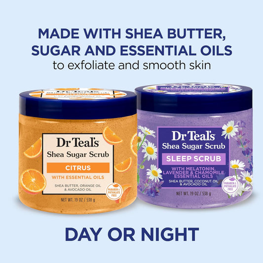 Dr Teal's Shea Sugar Body Scrub, Daytime/Nighttime with Vitamin C and Sleep Blend, 19 oz (Pack of 2) (Packaging May Vary)