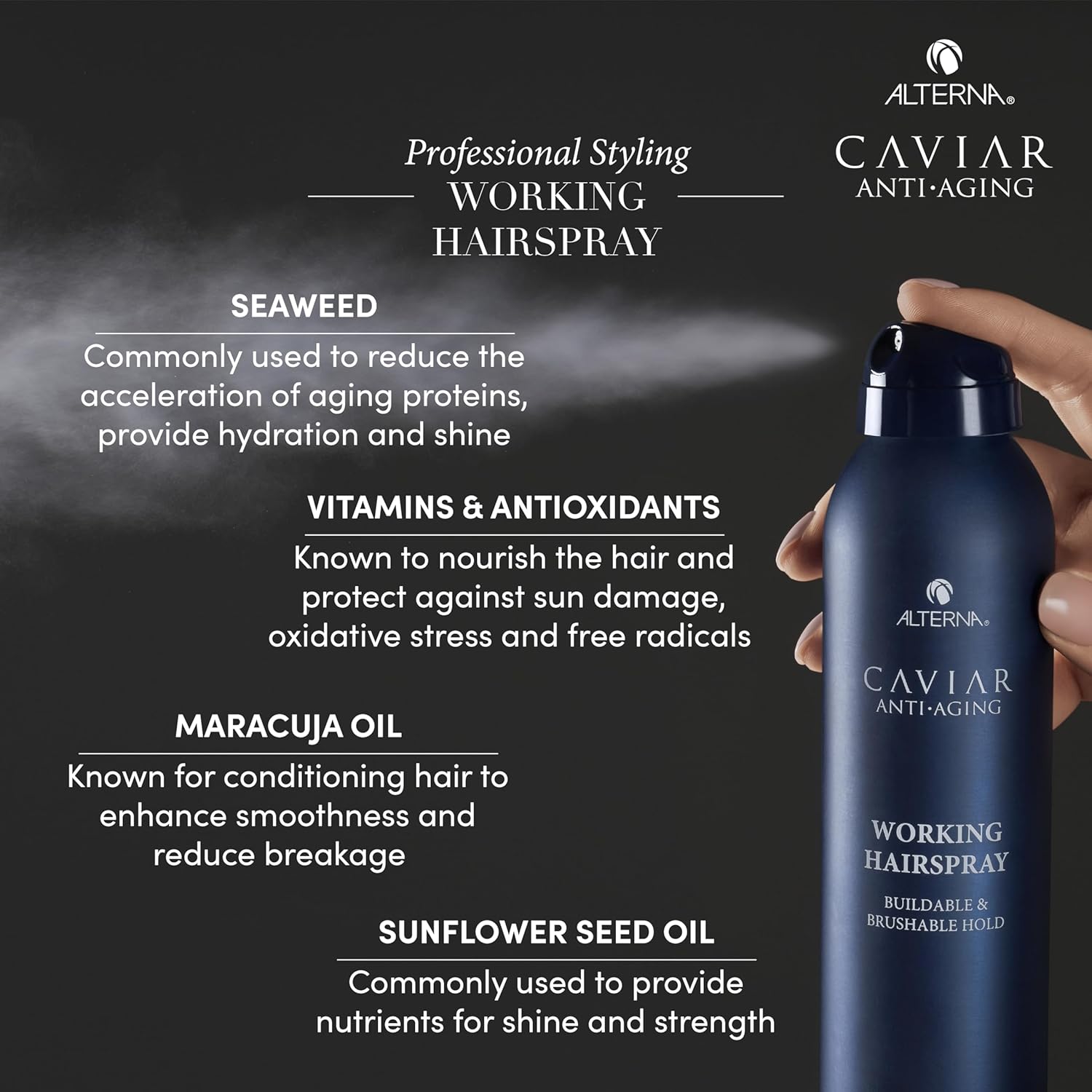 Alterna Caviar Working Hairspray | Buildable, Brushable Hold | Helps Control Frizz & Adds Shine | Sulfate Free, 7.4 Fl Oz (Packaging May Vary) : Beauty & Personal Care